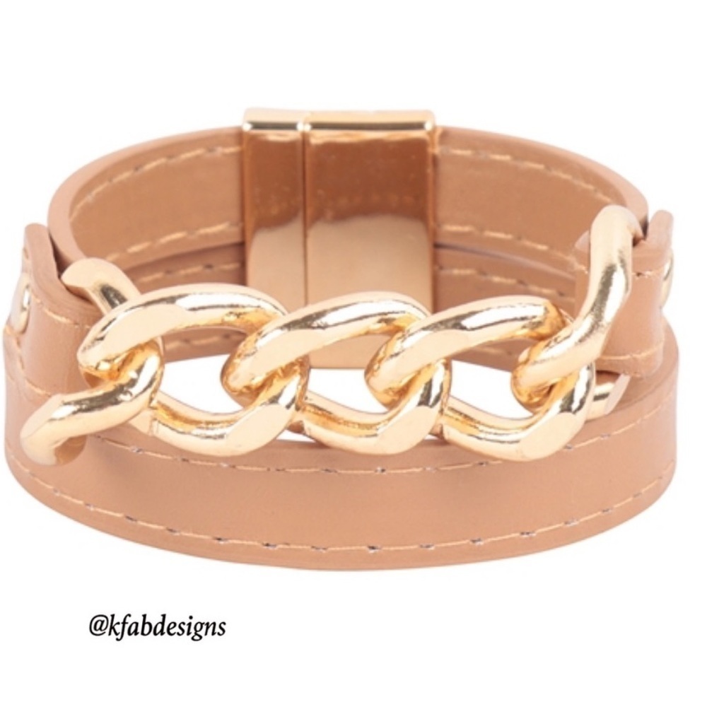 LAST 1! PU LEATHER CHAIN MAGNETIC LOCK WRAP BRACELET- Tan